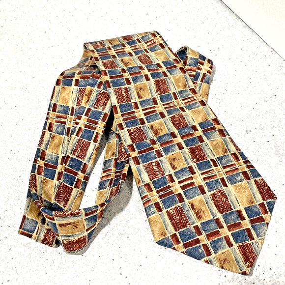 Vintage Oscar De La Renta Silk Tie Necktie Luxury Made in USA Mod Retro tan blue - Picture 3 of 7